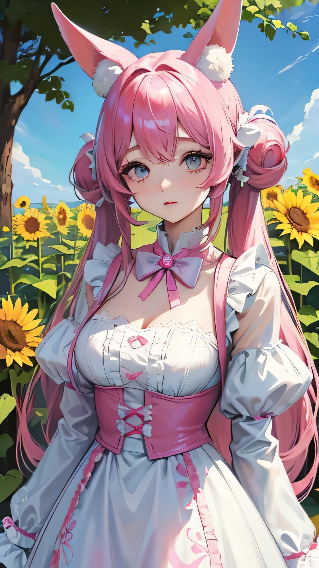Pink hair mixed with light blue、Twin tails、、Light blue eyes、pink odd eye、Large Breasts、Stuffed rabbit、Sunflower motif、Costume with frills、Lots of hairpinine girl、droopy rabbit ears
