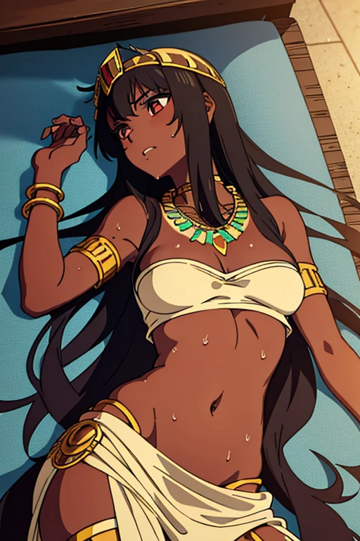 tan skinned anime Cleopatra wearing a bandeau top and a long detailed skirt, famished in hunger, (necklace), (gently resting hands on stomach), (sweating), (lying down), (long black hair), (hands on stomach)