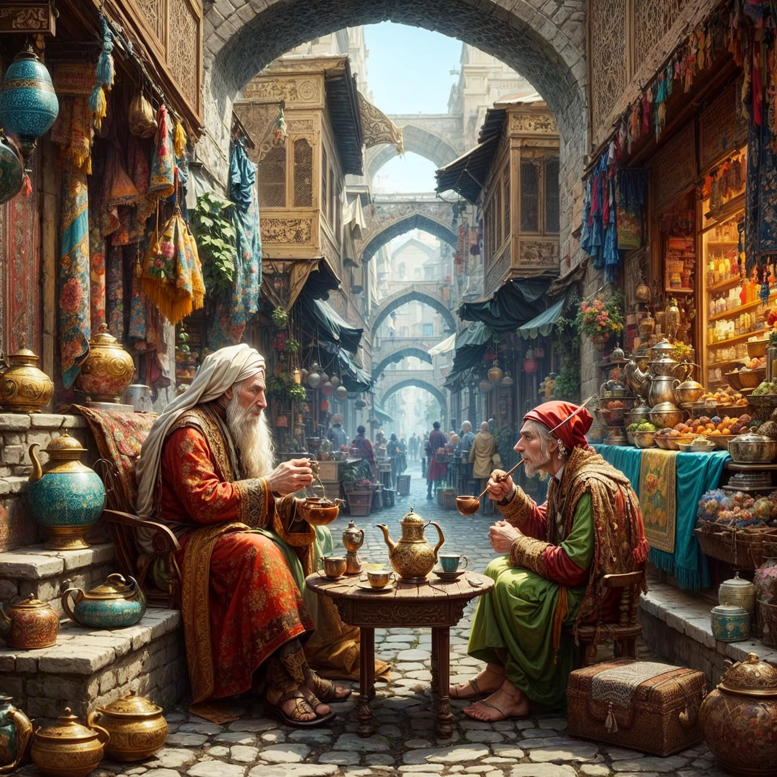 a painting of two men, sitting at a market with pots and teapots, von Kerembeyit, von Alexander Kucharsky, von Igor Kufajew, by Andrei Ryabushkin, detaillierte Spielkunstillustration, Weitwinkel-Fantasie-Kunst, by Fyodor Rokotov, von Andrei Riabovitchev, im Stil von Kyrill Kotashev
