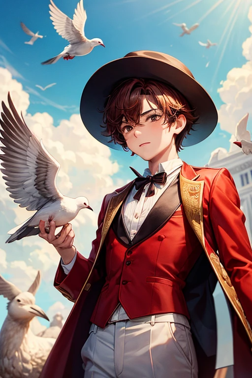 Boy with reddish brown hair Peruvian suit red shirt white pants black eyes slim complexion on his back Peruvian hat surrounded by doves orejas de llama