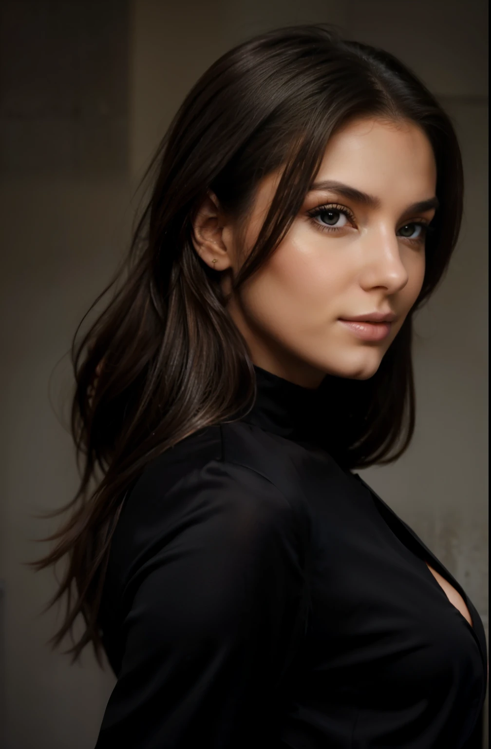 RAW-Foto, DSLR PAUSE (kkw-ph1:0.9) BREAK Half body portrait of 1 young 20 year old woman, Braunes gewelltes Haar, trage ein wundervolles Kleid, perfekte Augen, Perfekte Lippen, perfekte Nase, professionelle Farbkorrektur, Wundervolle Frau, dunkler Hintergrund, sweet woman