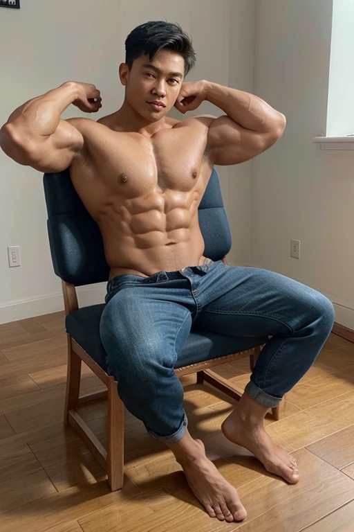 Show SFW image of a muscular, clothed Asian boy sitting on the chair and flexing his biceps, and his legs are lying on the floor, with barefeet and foot soles are visible