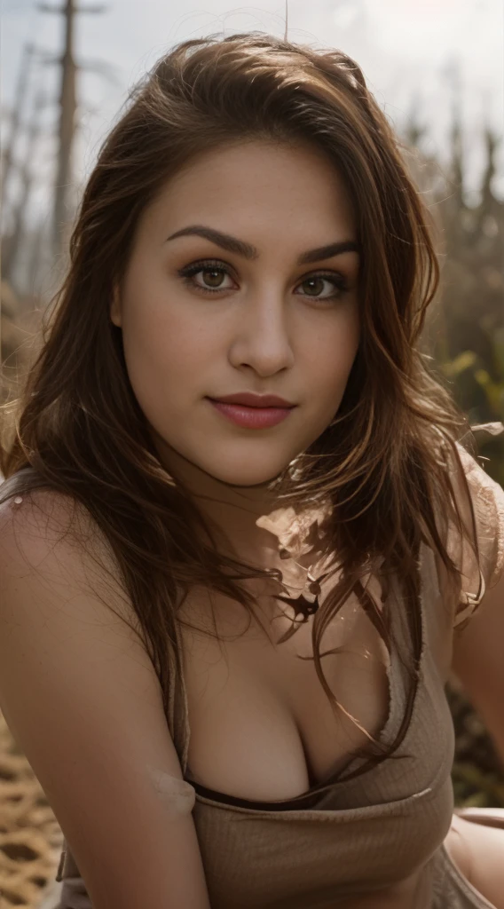 Gorgeous curvy Irish girl, green eyes, red hair in braids, massive saggy breasts with stretch marks, no bra, wearing loose-fitting crop top (low cut) shirt, wearing jeans, working in a field at sunrise