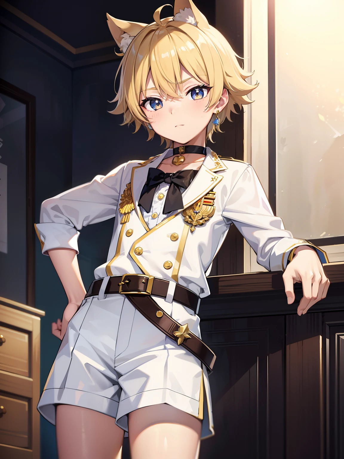 Highres, Masterpiece, Best quality at best,Best Quality,hight quality, hight detailed, Anime style, 1boy, Boy, Solo, (little boys), Cute boy, Adorable boy, Dog ear, Blonde, Messy hair, view from front, Idol, Prince uniform, White vest, gold earring, Choker, Shorts, Belt, (very young boy), (very small and short body)