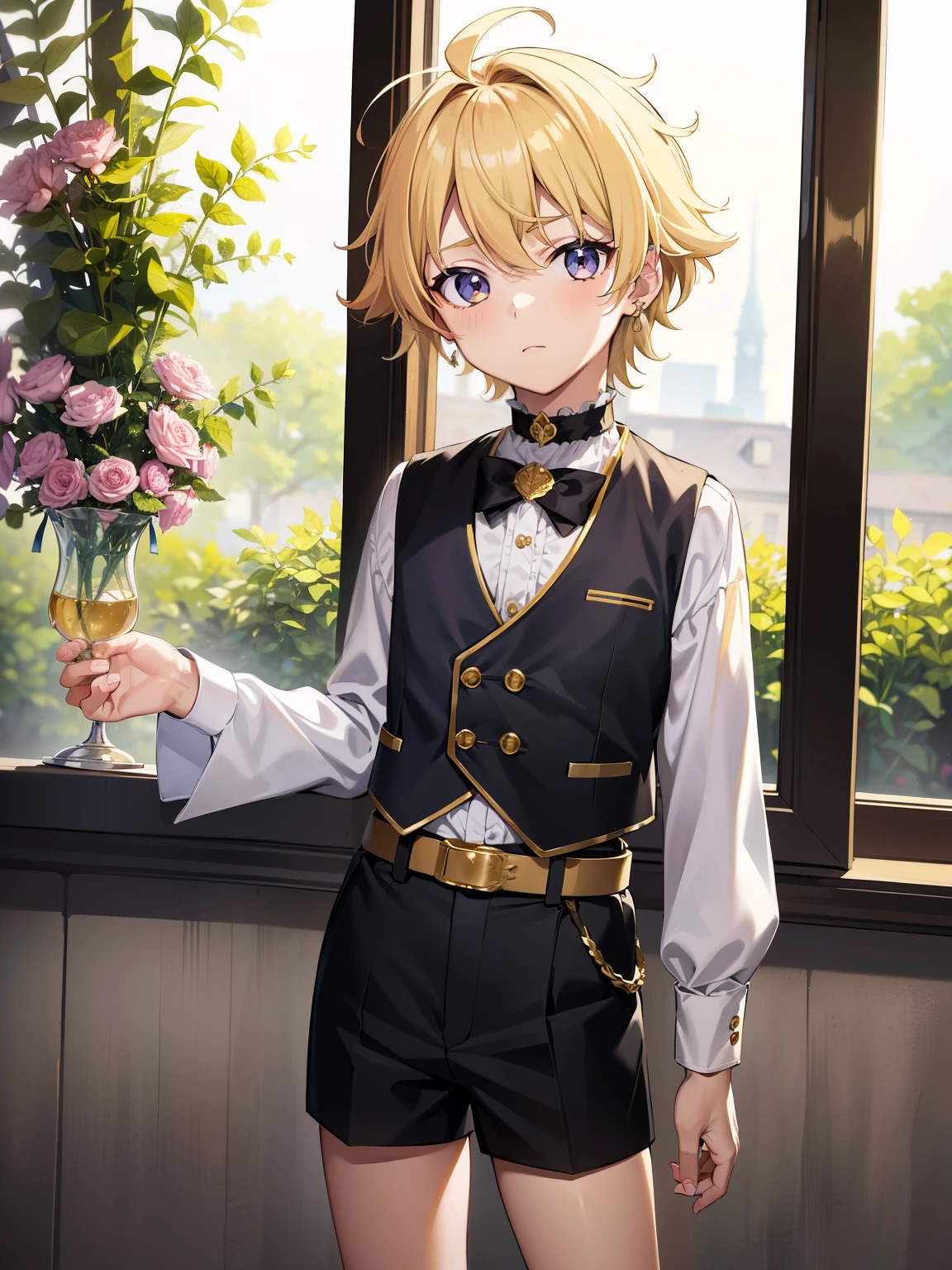 Highres, Masterpiece, Best quality at best,Best Quality,hight quality, hight detailed, Anime style, 1boy, Boy, Solo, (little boys), Cute boy, Adoeable boy, Blonde, Messy hair, view from front, Idol, Prince uniform, Vest, gold earring, Choker, Shorts, Belt, (very young boy), (very small and short body)