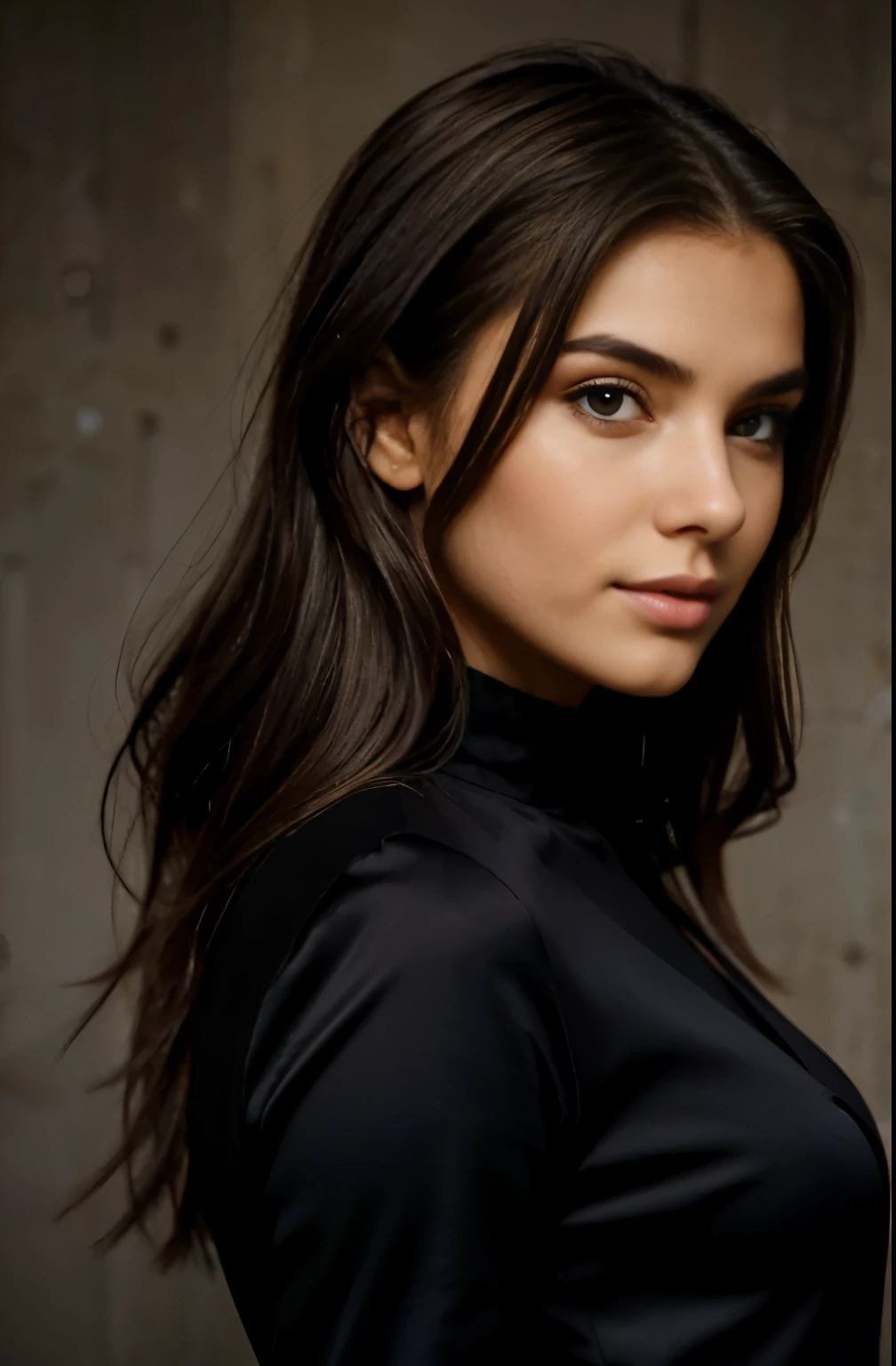 RAW-Foto, DSLR PAUSE (kkw-ph1:0.9) BREAK Half body portrait of 1 young 20 year old woman, Braunes gewelltes Haar, trage ein wundervolles Kleid, perfekte Augen, Perfekte Lippen, perfekte Nase, professionelle Farbkorrektur, Wundervolle Frau, dunkler Hintergrund, sweet woman