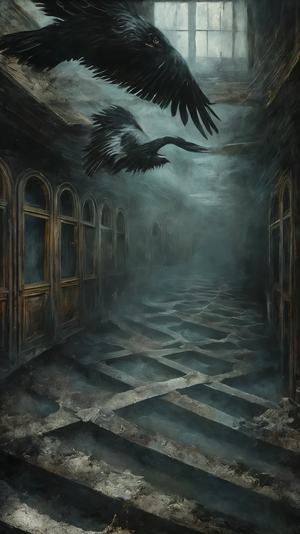 (best quality,4k,8k,highres,masterpiece:1.2),ultra-detailed,(realistic,photorealistic,photo-realistic:1.37),surrealism,faceless shadow,detailed eyes,beautiful detailed lips,white protective clothing,crows flying,left the subway,subway platform,narrow underground passage,winding stairs,dim lights,abandoned atmosphere,shadows and light contrast,unexpected encounter,mysterious aura,dark surrealism elements,twisted reality,strange and dreamlike setting,uncanny silence,mystical vibes,unsettling tension,unsettled emotions,emerging shadows,dark figures emerging from the darkness,haunting presence,surreal landscape,foggy mist,ethereal illusions,distorted perspectives,arcane symbolism,raven feathers,ominous atmosphere,ghostly whispers,dreamy and eerie atmosphere,unclear boundaries of reality and imagination,haunting beauty,mind-bending scenarios,spooky ambiance,otherworldly experience,ceiling dripping with water,melancholic mood,lonely and isolated feeling,industrial urban decay,hauntingly beautiful haunting presence,sublime beauty of the unknown,awe-inspiring imagery,mysterious and enigmatic scenes,enigmatic story waiting to be unravelled,visual paradoxes,chilling and captivating visual journey,contrast between light and darkness,vivid colors with desaturated tones,subtle hints of color to enhance atmosphere.