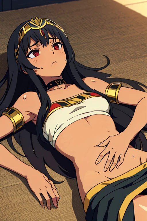 tan skinned anime Cleopatra wearing a bandeau top and a long detailed skirt, famished in hunger, (gently resting hands on stomach), (sweating), (lying down), (long black hair), (hands on stomach)
