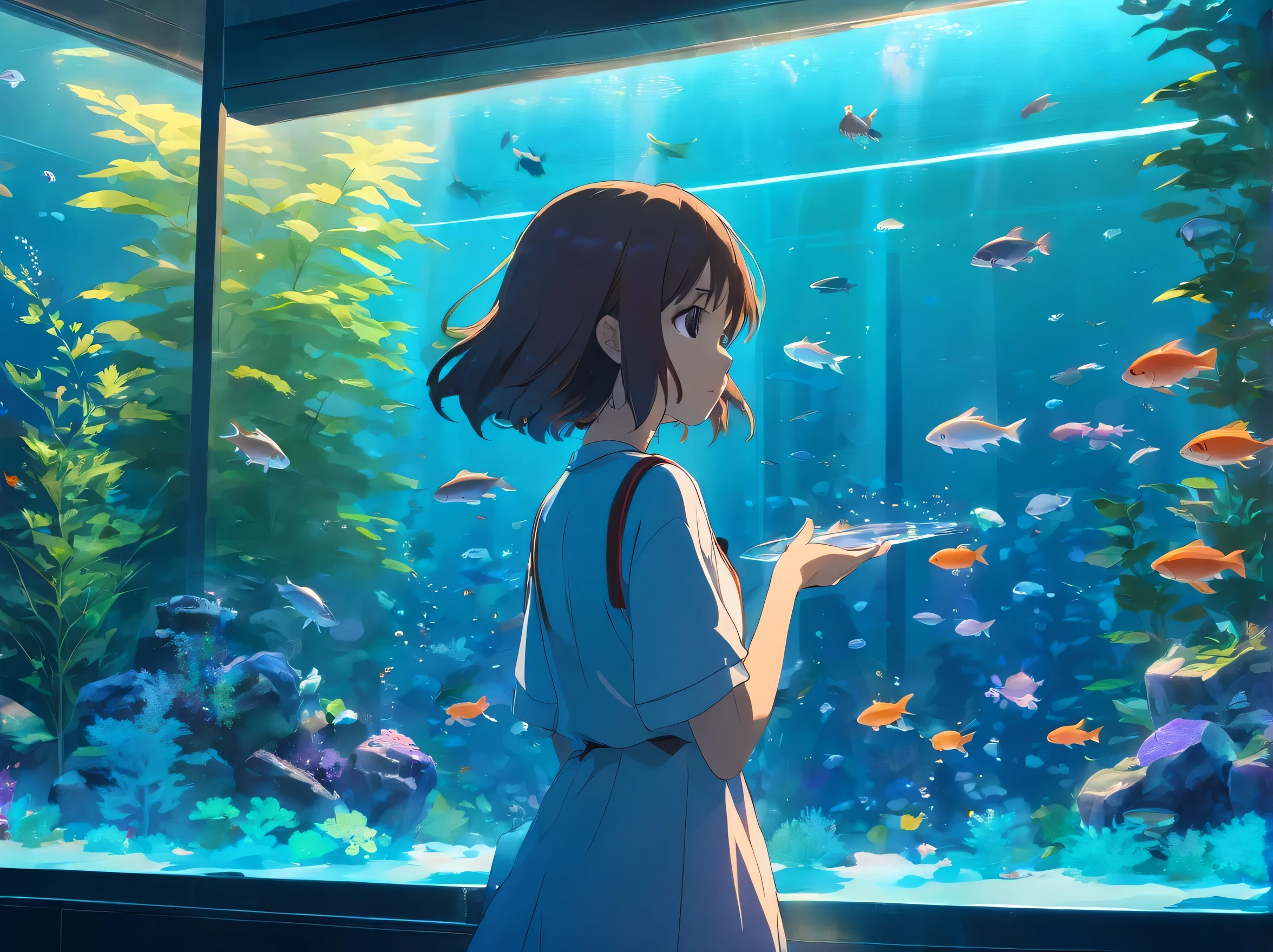 Beautiful aquarium with fish swimming in a huge glass aquarium,
Beautiful staring at fish in front of aquarium、
Fantastic aquarium with twinkling lights,
A breathtakingly beautiful sight,
(Best Quality:0.8),(top-quality:0.8),masutepiece, perfect anime illustration