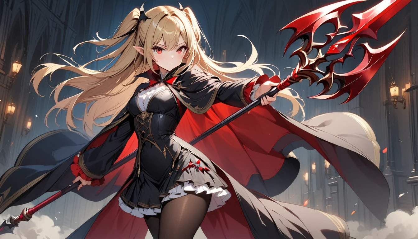 1girl, solo, blonde-hair, red-eyes, pointy-ears, looking-at-viewer, long-hair, pantyhose, vampire, holding, dress, two-side-up, black-pantyhose, hair-ornament, holding-weapon, weapon, black-dress, cape, bat-hair-ornament, standing, polearm, long-sleeves, blush, thick thighs, frills, holding-polearm, black-cape, closed-mouth, short-dress, floating-hair, ((Spear))
