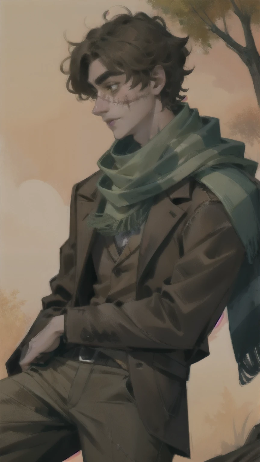 short brown hair, man with scarred face, stitches, striped scarf, brown pants 