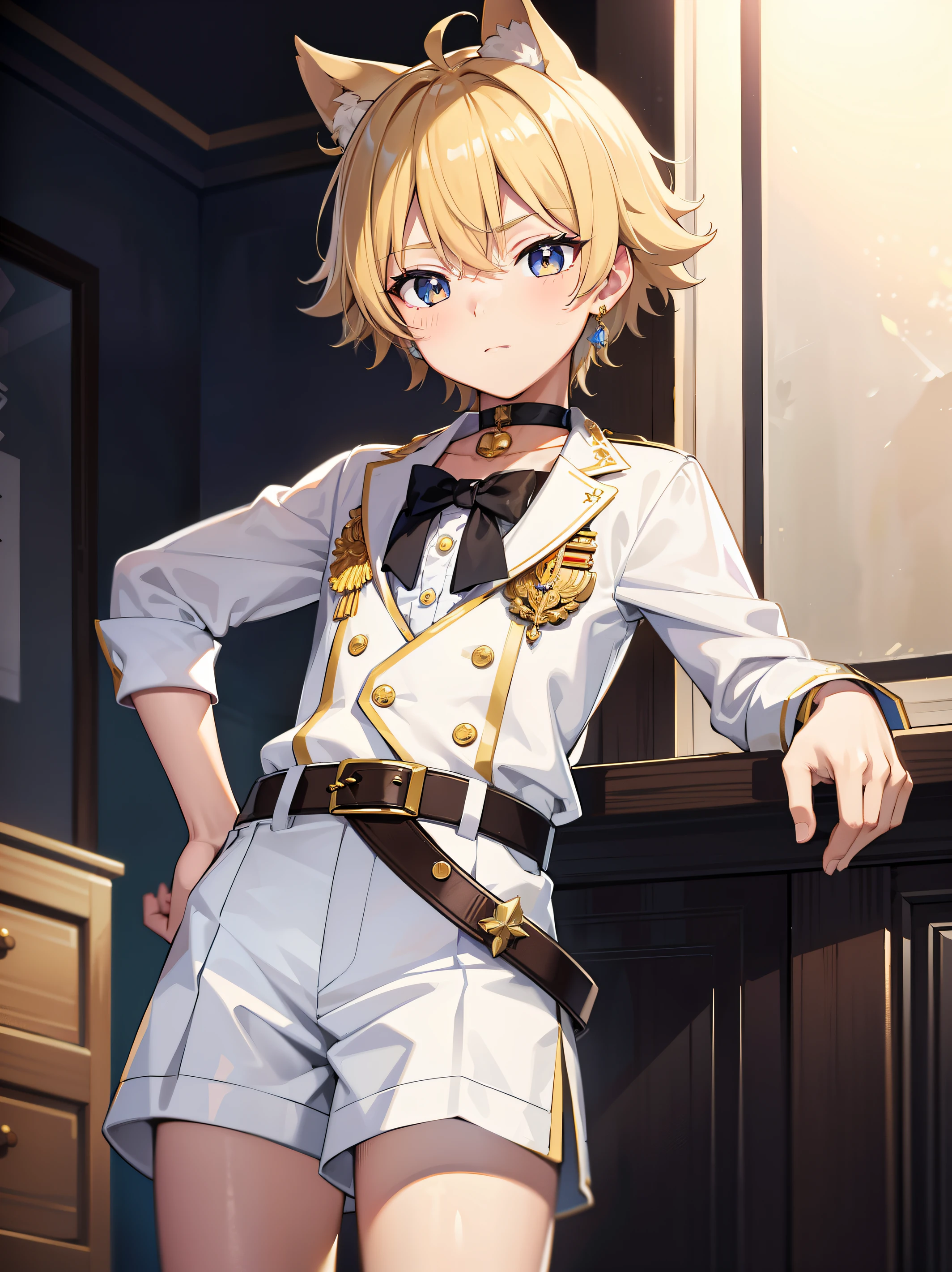 Highres, Masterpiece, Best quality at best,Best Quality,hight quality, hight detailed, Anime style, 1boy, Boy, Solo, (little boys), Cute boy, Adorable boy, Dog ear, Blonde, Messy hair, view from front, Idol, Prince uniform, White vest, gold earring, Choker, Shorts, Belt, (very young boy), (very small and short body)