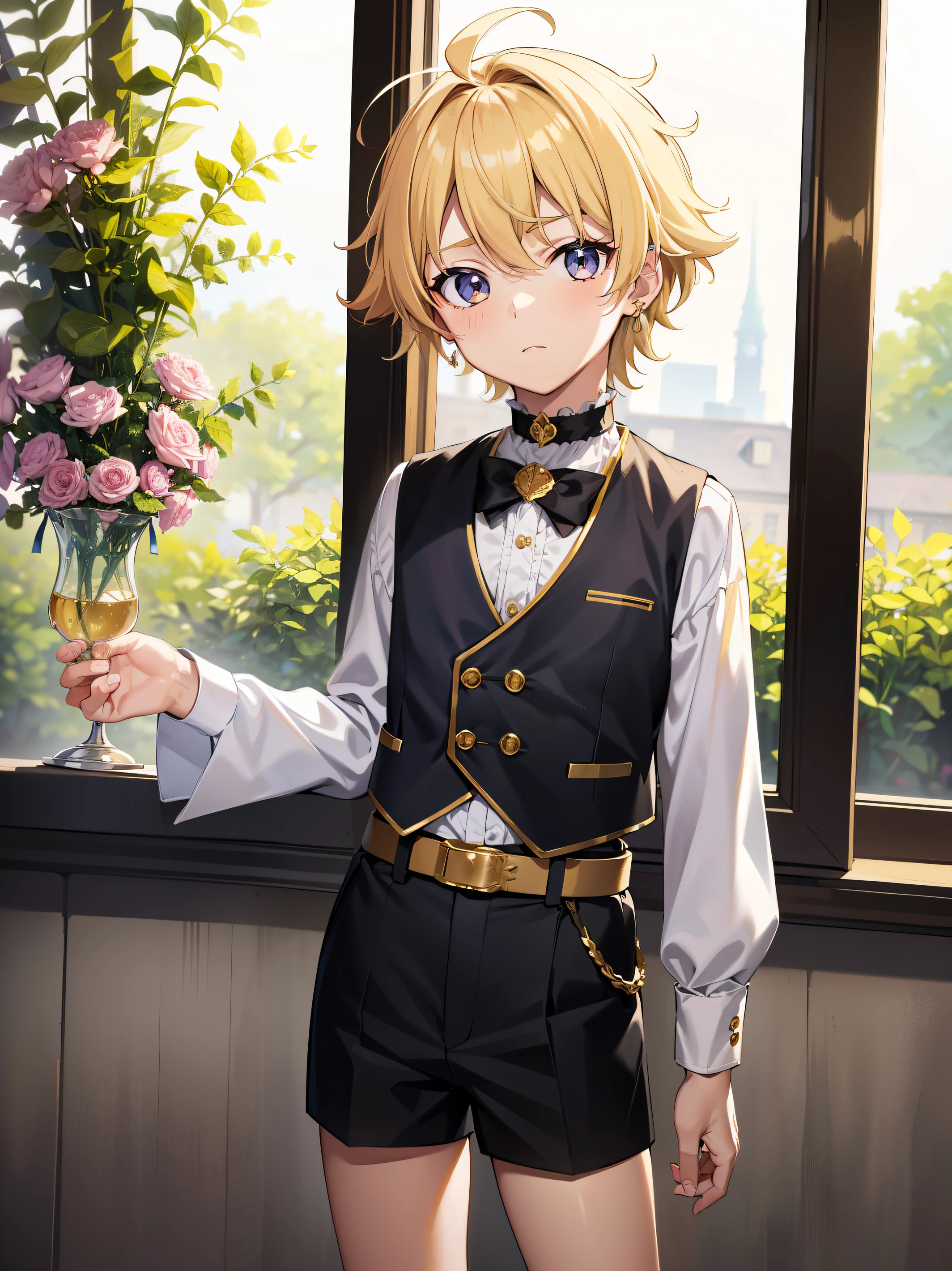 Highres, Masterpiece, Best quality at best,Best Quality,hight quality, hight detailed, Anime style, 1boy, Boy, Solo, (little boys), Cute boy, Adoeable boy, Blonde, Messy hair, view from front, Idol, Prince uniform, Vest, gold earring, Choker, Shorts, Belt, (very young boy), (very small and short body)