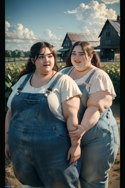 masterpiece, best quality, two obese ssbbw sisters standing next to eachother on a farm, farm, fat, obese, ssbbw, sisters, two characters, wearing only overalls, smiling, young, ???, 16-years-old, morbidly obese, blob, immobile,, cinematic shot, dynamic lighting, 75mm, Technicolor, Panavision, cinemascope, sharp focus, fine details, 8k, HDR, realism, realistic, key visual, film still, cinematic color grading, depth of field