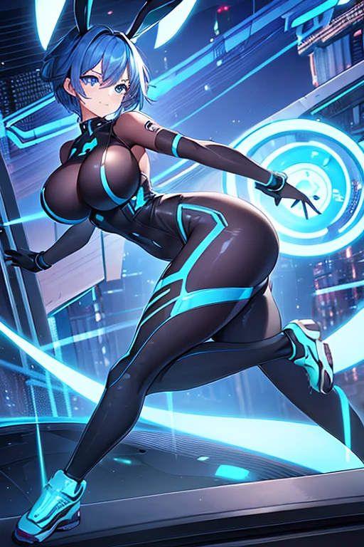 1girl, wide hips, large , wide hips, blue hair, short hair, very short hair, blue eyes, bodysuit, black bodysuit, futuristic, machinery, science-fiction, tech, shoes, sneakers, neon trim, blue neon trim, full body, bunny ears, rabbit ears, light smile, happy, car, sports car