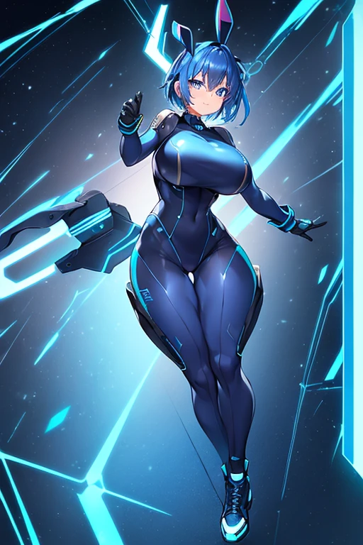 1girl, wide hips, large breasts, wide hips, blue hair, short hair, very short hair, blue eyes, bodysuit, black bodysuit, futuristic, machinery, science-fiction, tech, shoes, sneakers, neon trim, blue neon trim, full body, bunny ears, rabbit ears, light smile, happy, car, sports car