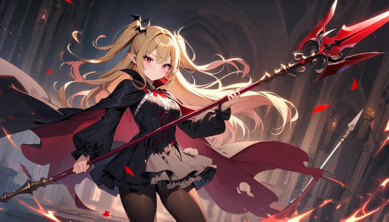1girl, solo, blonde-hair, red-eyes, pointy-ears, looking-at-viewer, long-hair, pantyhose, vampire, holding, dress, two-side-up, black-pantyhose, hair-ornament, holding-weapon, weapon, black-dress, cape, bat-hair-ornament, standing, polearm, long-sleeves, blush, thick thighs, frills, holding-polearm, black-cape, closed-mouth, short-dress, floating-hair, ((Spear))