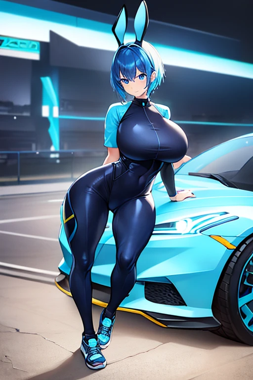 1girl, wide hips, large breasts, wide hips, blue hair, short hair, very short hair, blue eyes, bodysuit, black bodysuit, futuristic, machinery, science-fiction, tech, shoes, sneakers, neon trim, blue neon trim, full body, bunny ears, rabbit ears, light smile, happy, car, sports car