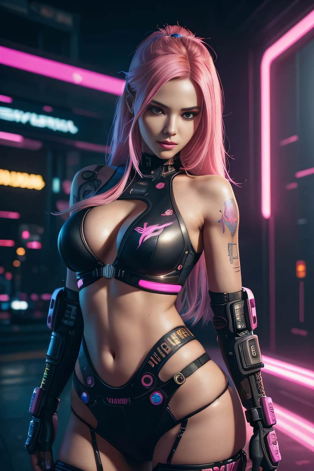 full length long shot:1.4, (( a sensual and beautiful young woman)), sensual smile, with a tattoo on her arm and cheek, beautiful and modern hairstyle with a lock of pink hair, beautiful cyberpunk girl, beautiful girl face cyberpunk, dreamy, beautiful and detailed hair, soft and luminous:1.3, dark environment, ultra-realistic 8k, cyberpunk 20 years old. or model girl, The portrait, Highly detailed 32k digital art, beautiful digital artwork, Cyborg Cyberpunk. pink, orange, cyan, brown colors, realistic digital art in 8k, soft neon lighting on the face and body, (( Highly detailed: 1.4), (( masterpiece )), ( Hyper detailed and beautiful: 1.3), (Photorealistic: 1.4)