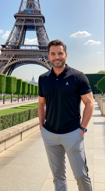 a handsome man in his 40s, elegant body, short brown hair, friendly smile, wearing a white sports shirt and gray pants and sneaker-type shoes, seeing the Eifel Tower in Paris in the distance, full-length photo, best image, realistic style,