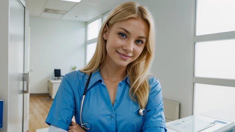 Very attractive blonde woman, doctor. blue eyes, facing the camera. Smiling. In an expensive clinic.
