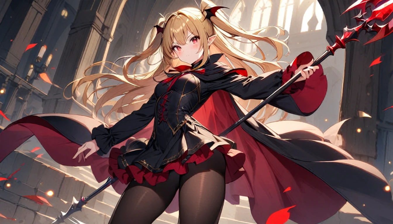 1girl, solo, blonde-hair, red-eyes, pointy-ears, looking-at-viewer, long-hair, pantyhose, vampire, holding, dress, two-side-up, black-pantyhose, hair-ornament, holding-weapon, weapon, black-dress, cape, bat-hair-ornament, standing, polearm, long-sleeves, blush, thick thighs, frills, holding-polearm, black-cape, closed-mouth, short-dress, floating-hair, ((Spear))
