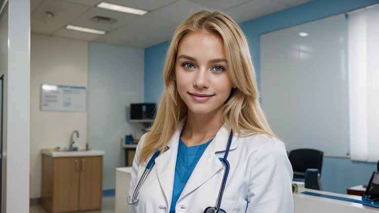 Very attractive blonde woman, doctor. blue eyes, facing the camera. Smiling. In an expensive clinic.