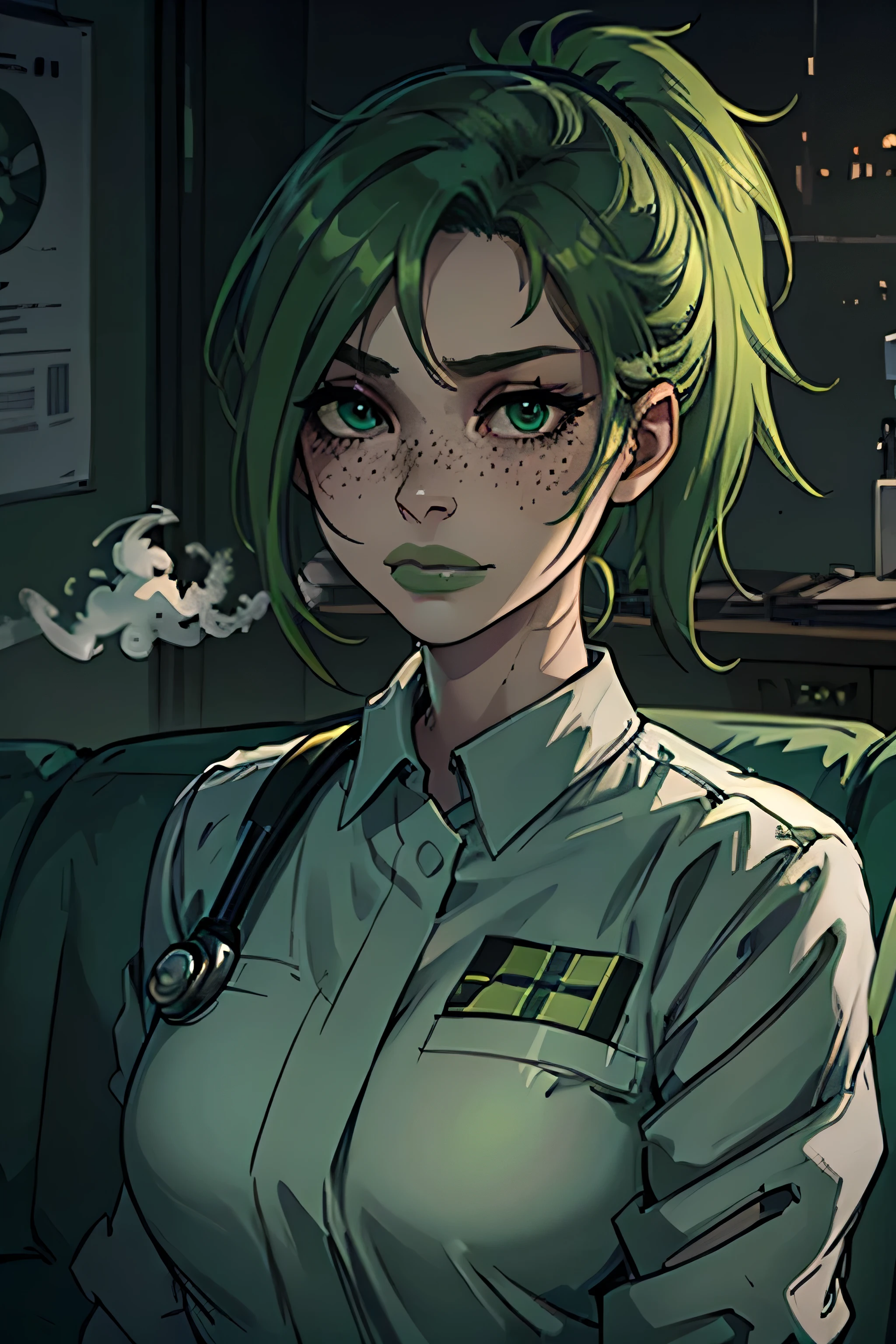 Masterpiece, best quality, centered in frame, portrait, female, pale skin, stressed expression, busty, exhaling smoke, medical, eye bags, stethoscope, nervous, green lips, messy ponytail, bright green hair, couch landscape, green eyes, paramedic uniform, freckles, beautiful