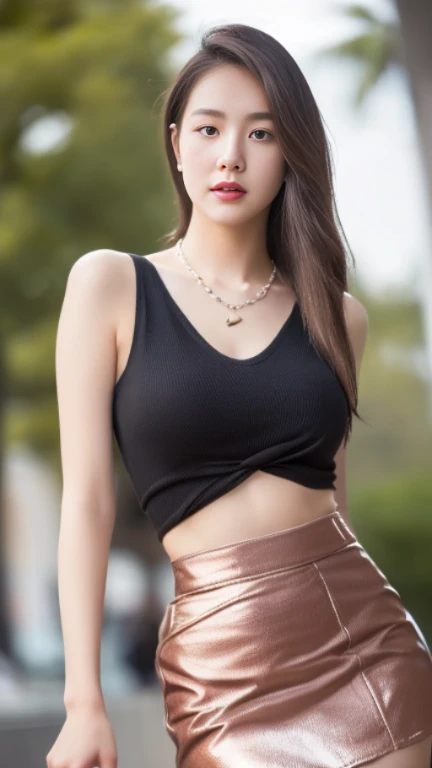 (best quality, 8k, highres, photorealistic:2.0), (solo, korean thailand girl:2.0),(lighting:front),(lighting: strong),(Photographed in the downtown area:2.0),(Chubby body girl:2.0),(shiny skin:1.5),(oily skin:1.5),(platinum blonde hair color:1.5),(straight Super long hair:1.5),(ultimate beautiful girl),(cool beauty girl:1.5),(fat body girl),(very elegant woman:1.3),(navel is visible),(abdomen is visible),(waist is visible),Blush brown makeup , dark eye makeup ,pink lipstick,(big beady eyes girl:1.3),(intense sex appeal:1.5),(expensive necklace:1.5),(Wearing a tight tank top as an inner layer:1.5),(prostitute girl:1.5),(amazing orgasm),(her body is amazingly curvaceous),(She makes a sexy bold pose),(big ass girl),(Wearing a tight skirt:1.5)