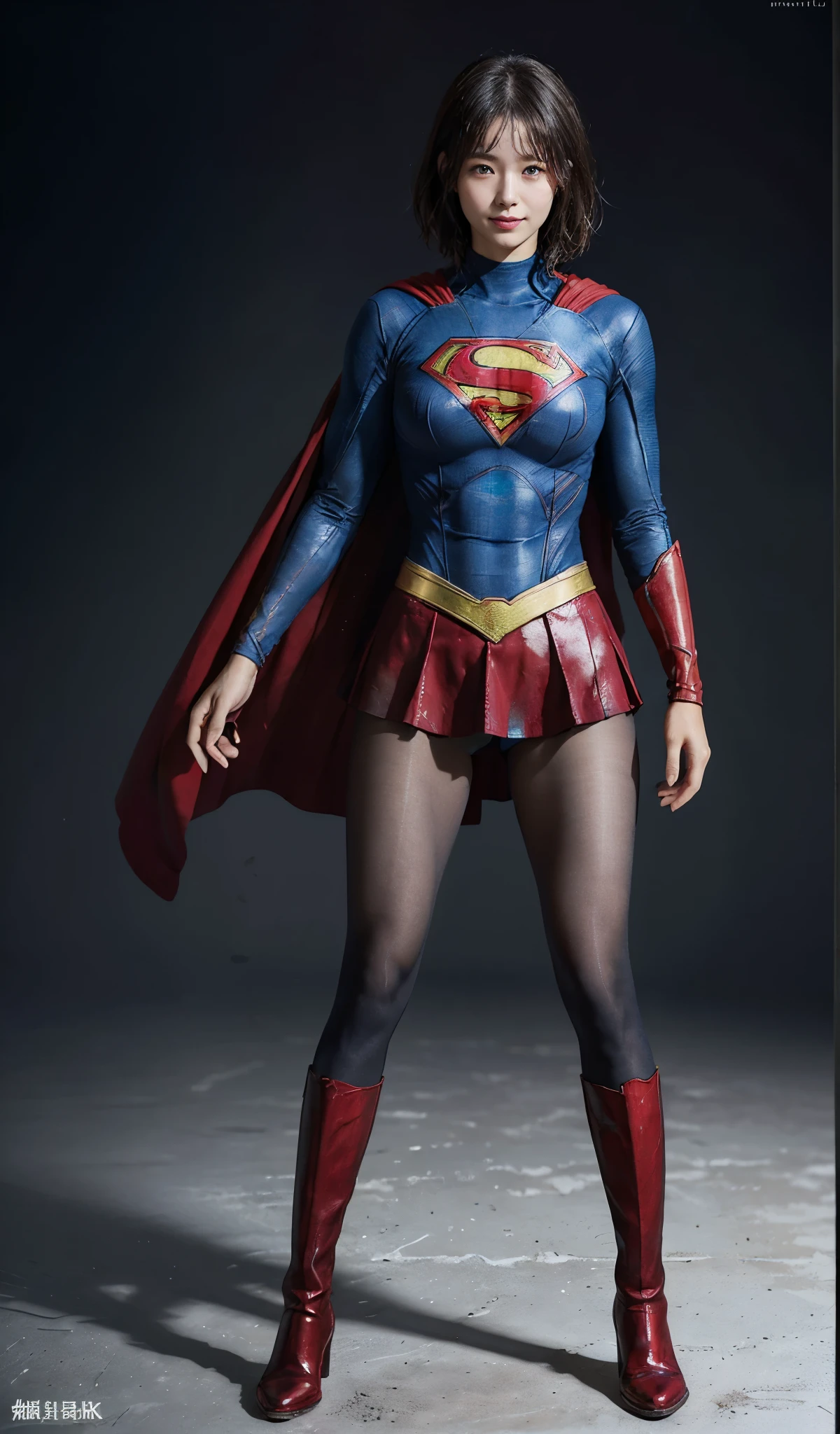 No background、(((Beautiful legs in black tights.)))、(((Legally express the beauty of your smile)))、((((Make the most of your original images)))、(((Supergirl Costume)))、(((beautiful short bob hair)))、(((suffering)))、(((Please wear black tights....、Wear red boots)))、((Best image quality、8K))、((highest quality、8K、masterpiece:1.3))、(((Preserve background )))、Sharp focus:1.2、Beautiful woman with perfect figure:1.4、Thin abdominal muscles:1.2、Wet body:1.5、Highly detailed face and skin texture、8K