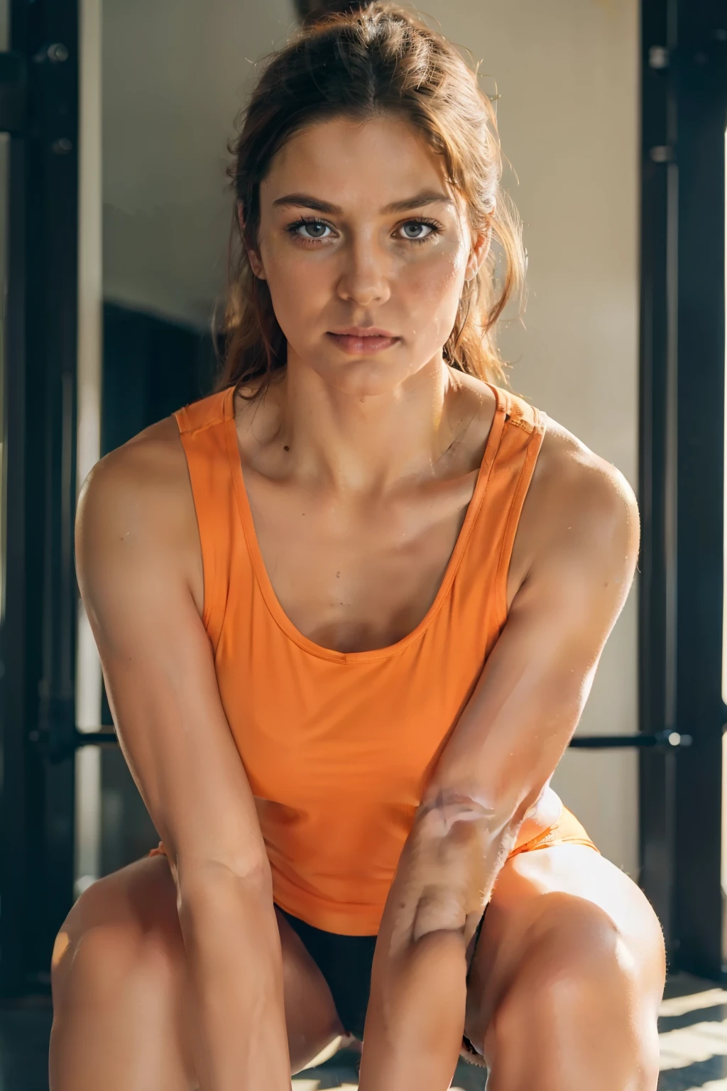 ((Best quality, 8K, Masterpiece :1.3)), One woman in vibrant orange clothing, 1.2, Focus on muscular full body: 1.3, Holds a barbell during squats: 1.2, Detailed facial expression, Intense gaze towards the mirror, 1.5, Sweat-drenched skin, High definition, Realistic texturing, Gym setting, High contrast lighting, Clear definition of muscles, Arms between legs, Straight brown hair, Fitness enthusiast.