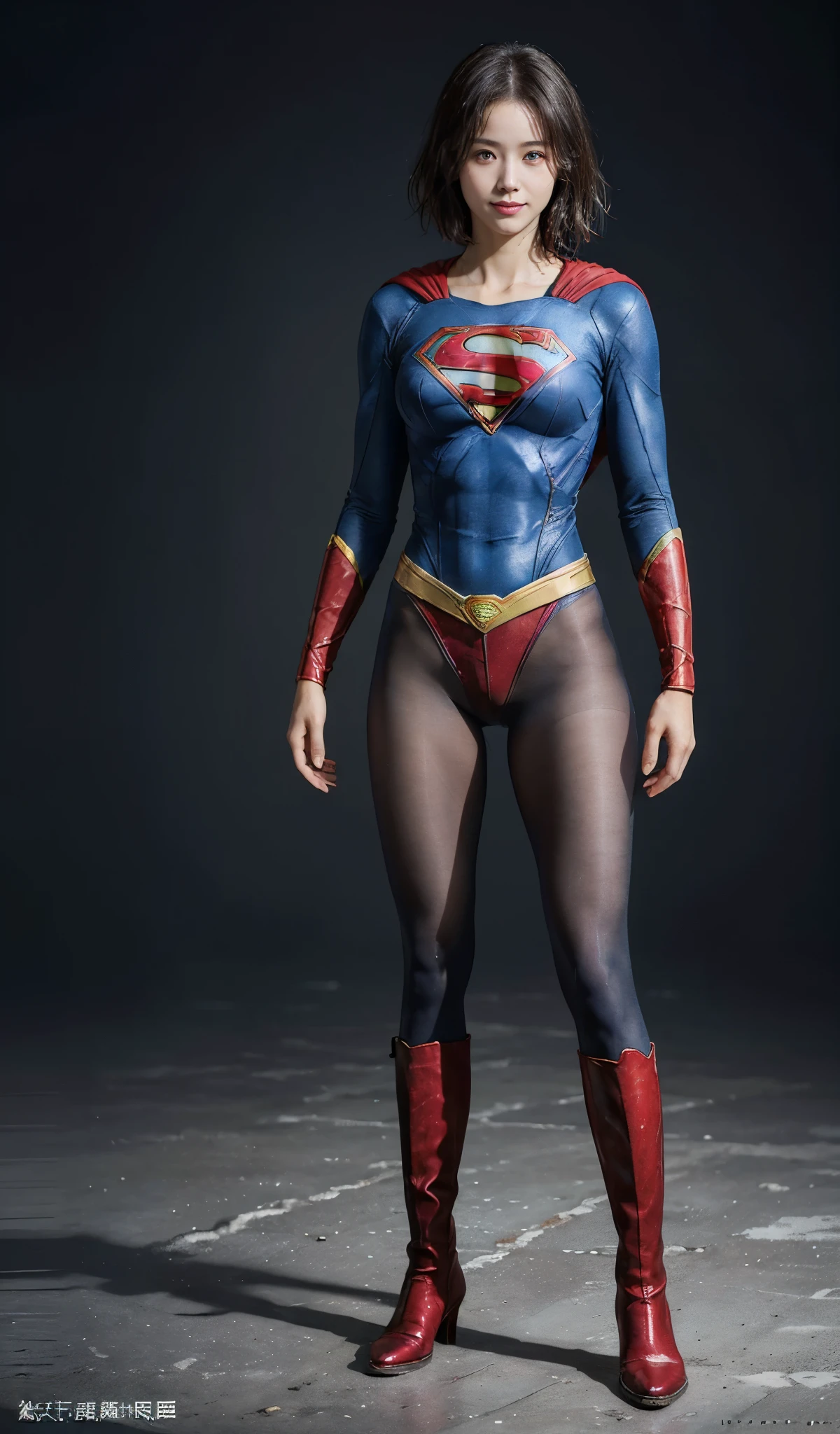 No background、(((Beautiful legs in black tights.)))、(((Legally express the beauty of your smile)))、((((Make the most of your original images)))、(((Supergirl Costume)))、(((beautiful short bob hair)))、(((suffering)))、(((Please wear black tights....、Wear red boots)))、((Best image quality、8K))、((highest quality、8K、masterpiece:1.3))、(((Preserve background )))、Sharp focus:1.2、Beautiful woman with perfect figure:1.4、Thin abdominal muscles:1.2、Wet body:1.5、Highly detailed face and skin texture、8K