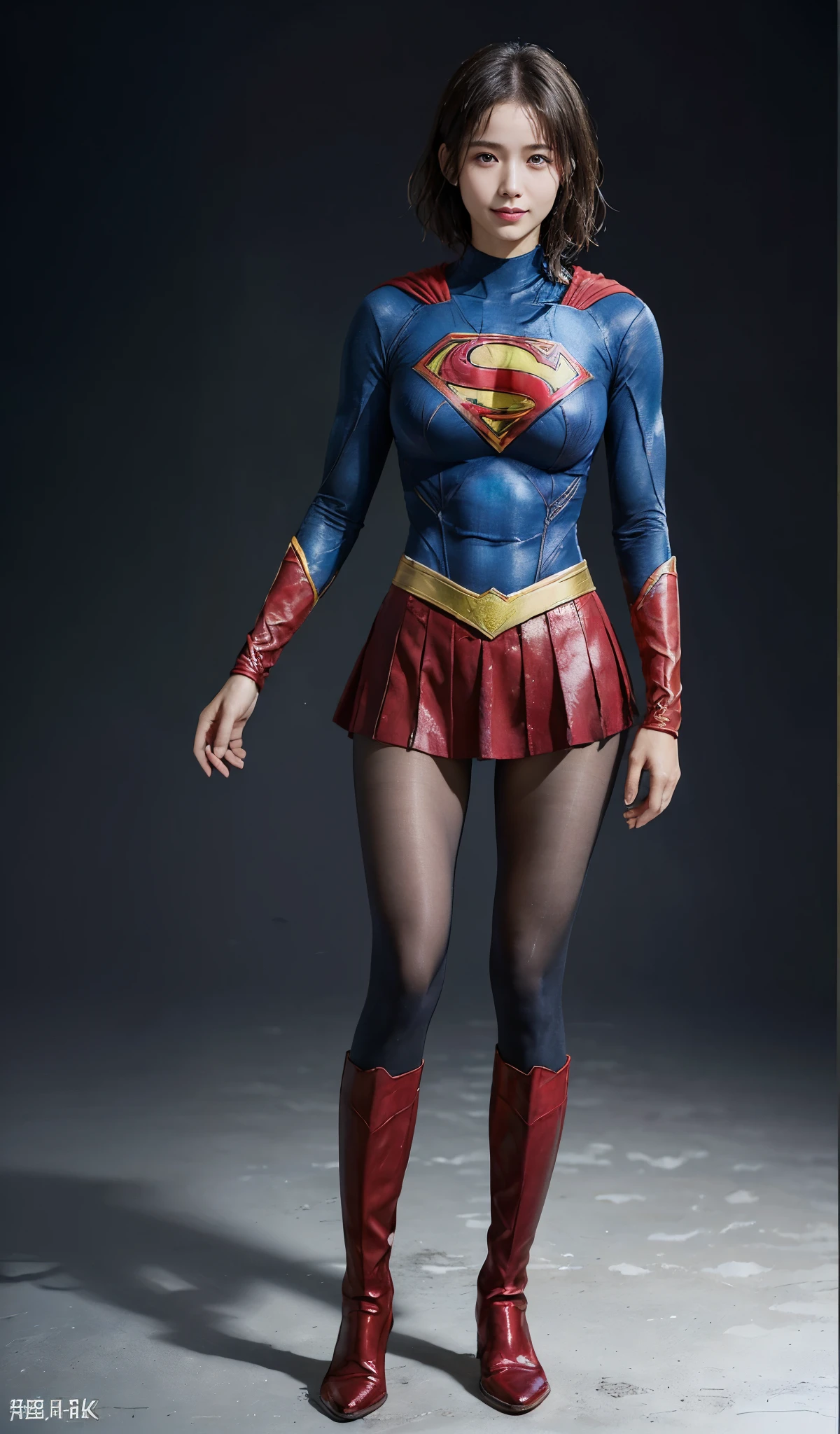 No background、(((Beautiful legs in black tights.)))、(((Legally express the beauty of your smile)))、((((Make the most of your original images)))、(((Supergirl Costume)))、(((beautiful short bob hair)))、(((suffering)))、(((Please wear black tights....、Wear red boots)))、((Best image quality、8K))、((highest quality、8K、masterpiece:1.3))、(((Preserve background )))、Sharp focus:1.2、Beautiful woman with perfect figure:1.4、Thin abdominal muscles:1.2、Wet body:1.5、Highly detailed face and skin texture、8K