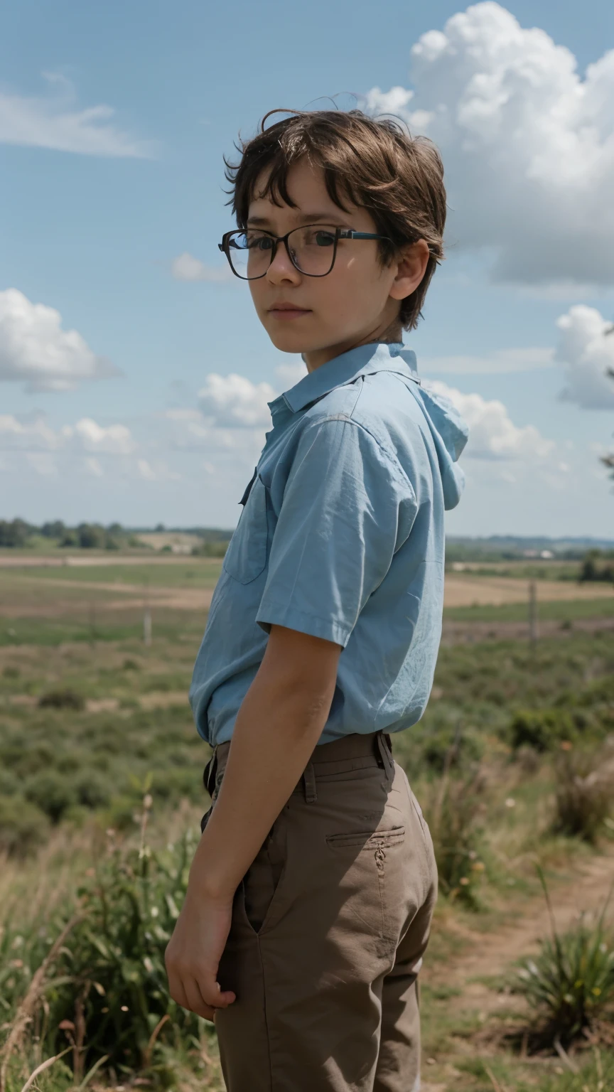 the boy with glasses faces back towards a wide grassland and there is a blue and cloudy sky