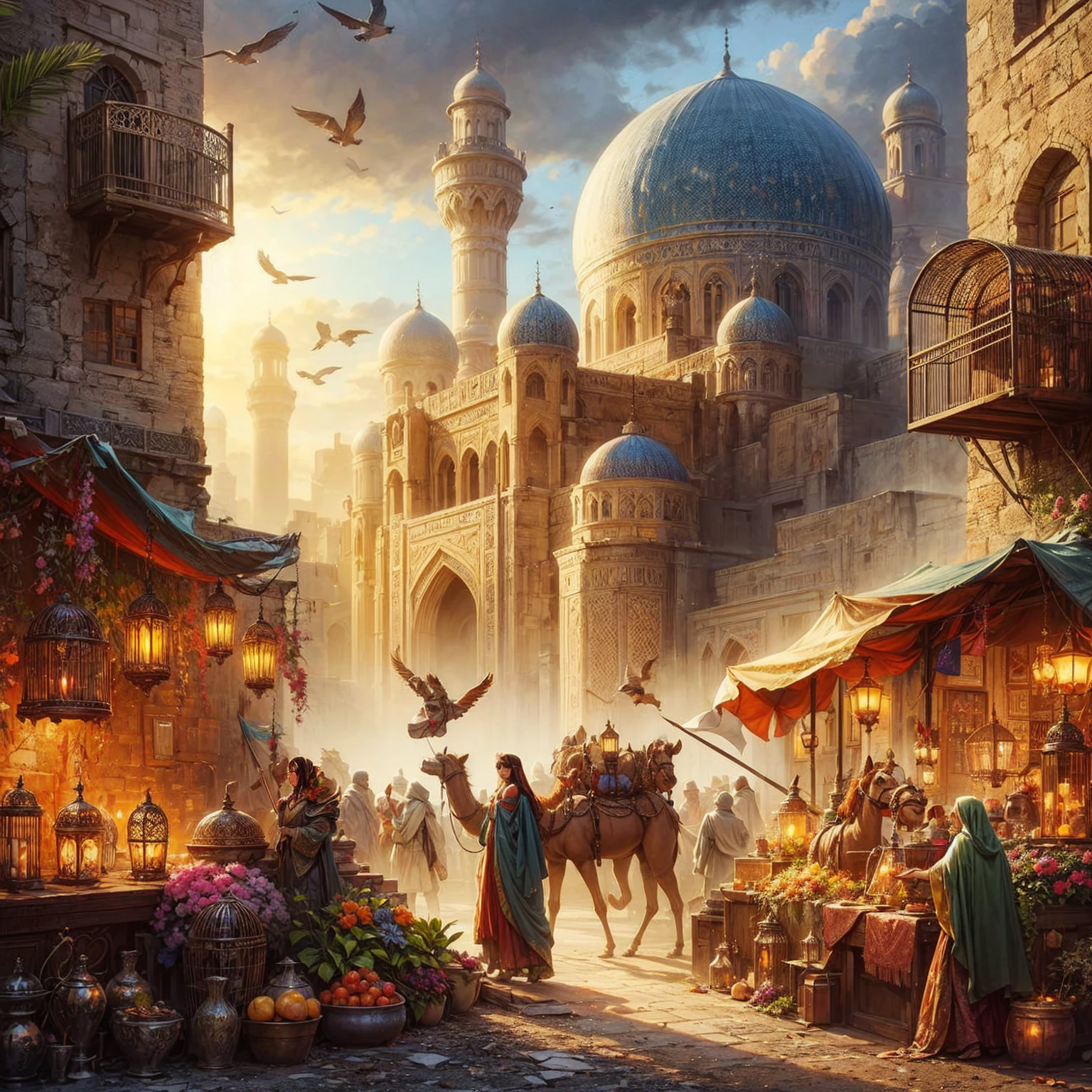 a painting of a street scene with a camel and a veiled woman, arabische Kunst, Paintings of Samarkand, von Kerembeyit, inspired von Kerembeyit, a beautiful artwork illustration, von Ahmed Karahisari, realistische Fantasieillustration, 4K hochdetaillierte digitale Kunst, von Alexander Kucharsky, colorful ancient Egyptian city, beautiful digital artwork