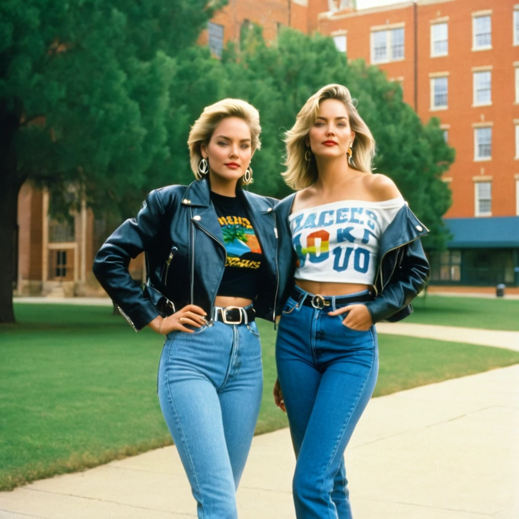 A photorealistic image of 21-year-old Sharon Stone (Height : 5'8") and 21-year-old Michelle Pfeiffer (Height : 5'7") on a university campus in 1980. They are both rocking iconic 80s fashion: Sharon in a high-waisted denim skirt, a cropped off-the-shoulder sweater, and statement earrings. Michelle is sporting acid wash jeans, a colorful graphic tee, and a leather jacket tied around her waist. The sun is shining, and there are trees and a red brick building in the background. Both are standing at a distance.