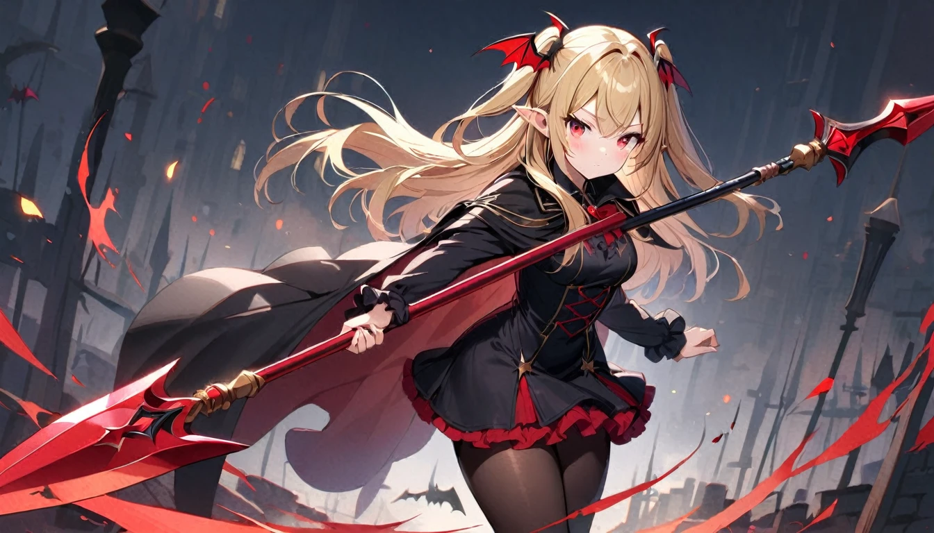 1girl, solo, blonde-hair, red-eyes, pointy-ears, looking-at-viewer, long-hair, pantyhose, vampire, holding, dress, two-side-up, black-pantyhose, hair-ornament, holding-weapon, weapon, black-dress, cape, bat-hair-ornament, standing, polearm, long-sleeves, blush, thick thighs, frills, holding-polearm, black-cape, closed-mouth, short-dress, floating-hair, ((Spear))
