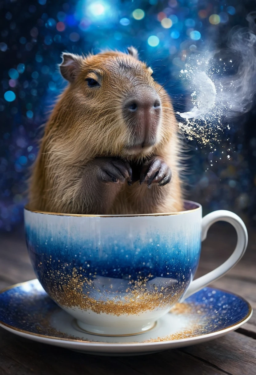 A Capybara, capybara, Capybara sleeping in teacup; cascading sugar;; blowing mist;; cinnamon cobalt and ivory, endless starscape, intricately detailed, fantasy, hyperdetailed, 8k resolution, masterpiece, stunning splash art Jordan Grimmer, Ross Tran,, and Vilijus Vaisvila, crescendo, Beautiful, complex, vibrant, brushstrokes, magical aura, perfect