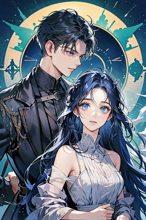 man .Beautiful . long . Dark blue hair styled to the side . Blue eyes . Wearing a black suit .  يمسك فتاة شعرها بني long  ترتدي فستان ابيض long بدون اكمام  . Under the sea . He grabs her and takes her to the roof . A magic portal behind them . Magic circle . Shining crystals  