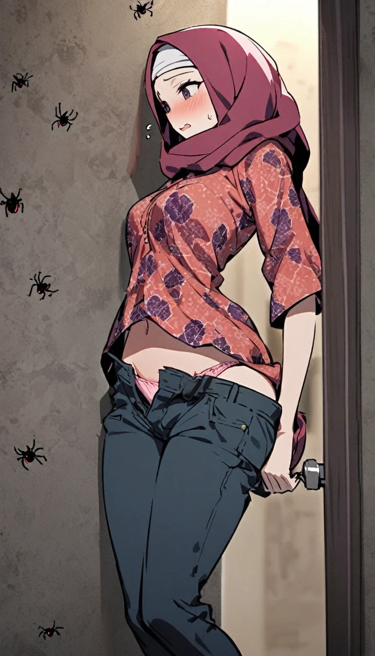 A woman locked up in the haunted house room with full of tiny spiders, wearing hijab, batik shirt, pull down her sagging jeans, pink panties accidentally exposed, handcuffed on her head,