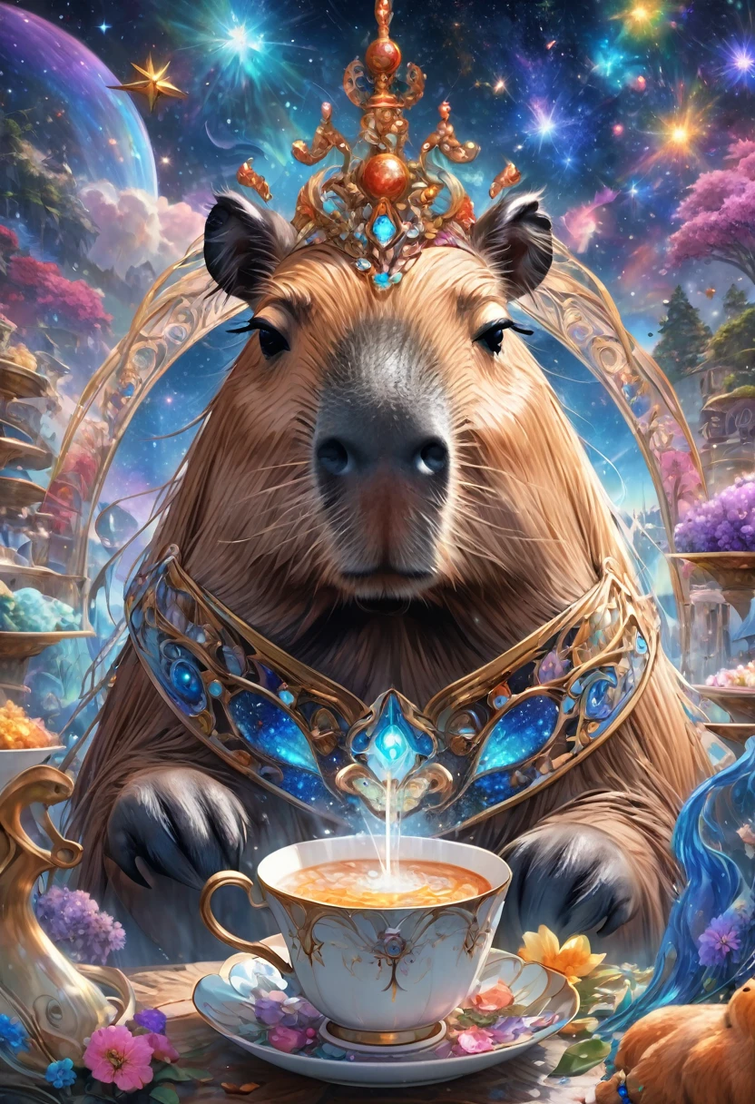 A Capybara, capybara, Capybara sleeping in teacup; cascading sugar;; blowing mist;; cinnamon cobalt and ivory, endless starscape, intricately detailed, fantasy, hyperdetailed, 8k resolution, masterpiece, stunning splash art Jordan Grimmer, Ross Tran,, and Vilijus Vaisvila, crescendo, Beautiful, complex, vibrant, brushstrokes, magical aura, perfect