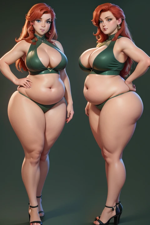 (Detailed), (masterpiece), (beautiful), (highres:4k), Female original character reference sheet adoptable, redhead, green eyes, curvy figure, fat ass, big belly, stomach pudge