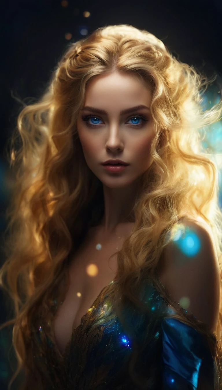 .
professional photo,gorgeous woman,full height,wonderful,artsy style,Decorations, gentle face,expressive blue eyes,huge iris,Radiance of the skin,radiance of energies,high forehead,sports figure,thin waist,bust, aesthetics of hands and fingers,Thick light golden hair tied up in a complex hairstyle,wavy tail on the side, evening dress made of colorful shining glass,elegant, Sophisticated,feminine,realistically, Bright lighting,1/250s,30mm lens,f/2.8,ISO100,close-up,Background: Marble