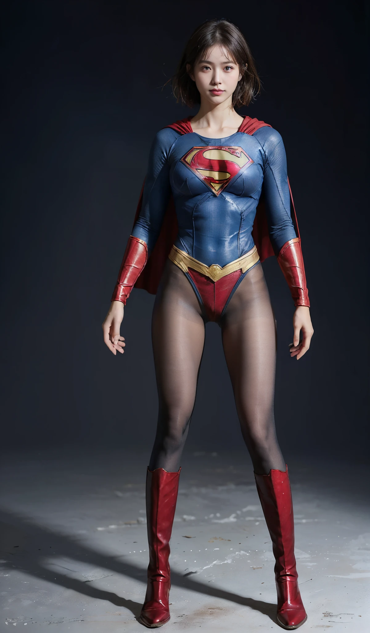 No background、(((Beautiful legs in black tights.)))、(((Legally express the beauty of your smile)))、((((Make the most of your original images)))、(((Supergirl Costume)))、(((beautiful short bob hair)))、(((suffering)))、(((Please wear black tights....、Wear red boots)))、((Best image quality、8K))、((highest quality、8K、masterpiece:1.3))、(((Preserve background )))、Sharp focus:1.2、Beautiful woman with perfect figure:1.4、Thin abdominal muscles:1.2、Wet body:1.5、Highly detailed face and skin texture、8K