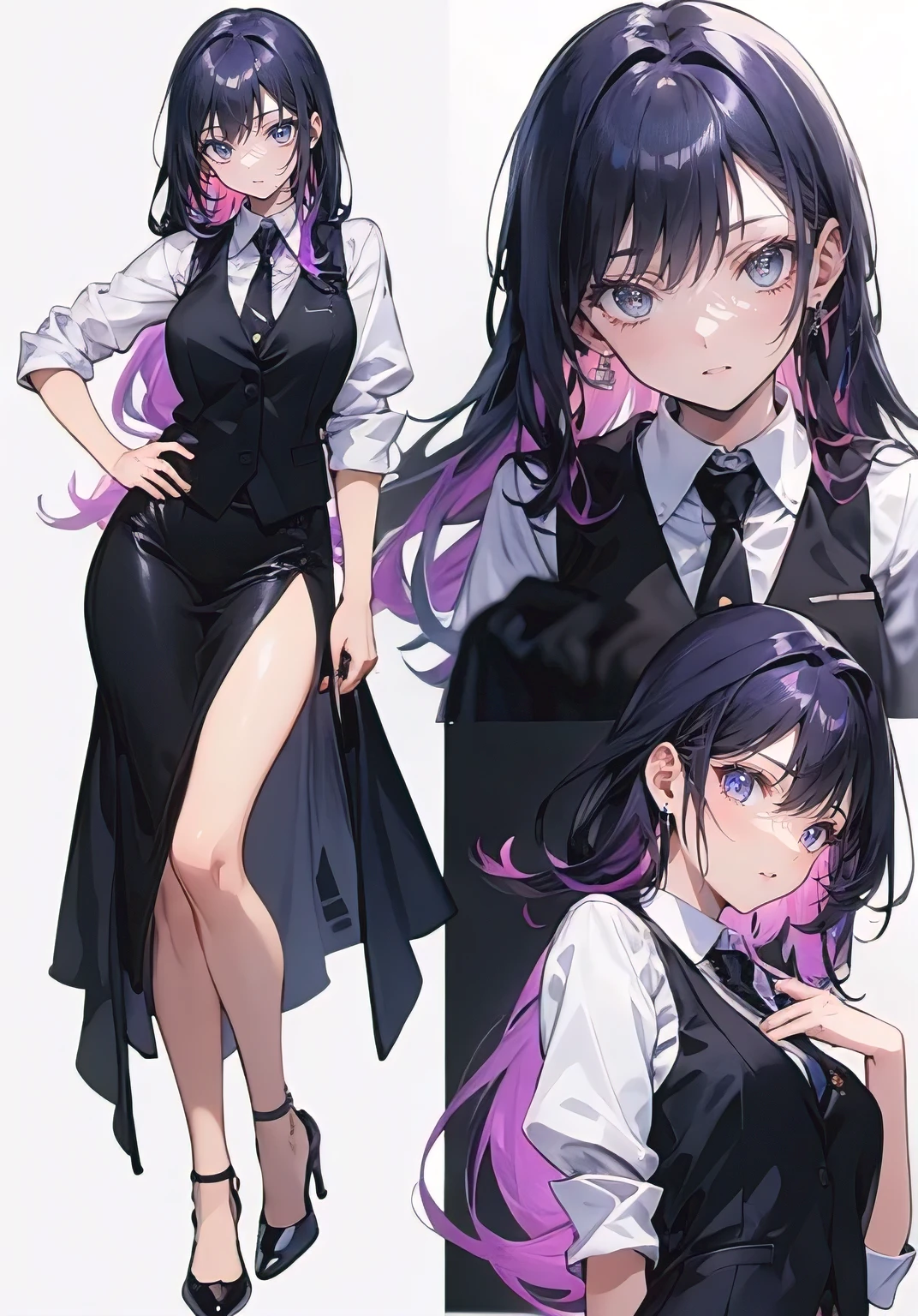 ((Perfect Face)),((smile)),Purple Hair,voluminous long hair,1 female,bartender,suit,Black vest,Shirt with rolled up sleeves,tie,slit,High heels,,((Simple Background)),smile,((whole body)),((whole body)),Portraiture,virtual,upright,,Both arms are down,Standing upright with face and body facing forward,