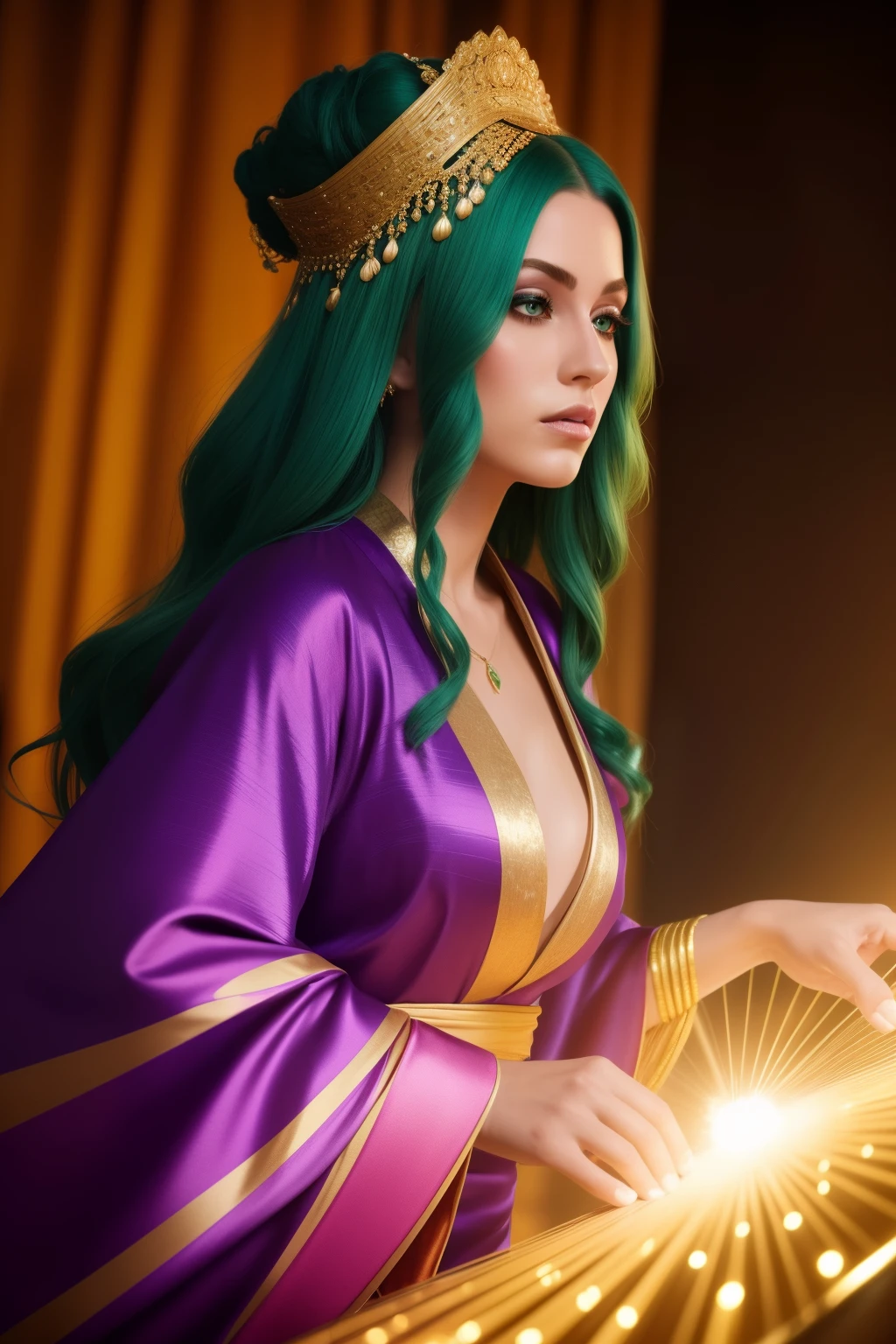 A mesmerizing and hyperrealistic image of a woman with emerald-green hair, dressed in an elaborate purple and gold silk kimono adorned with glittering prints. The kimono's luxurious fabric shimmers under the cinematic lighting, creating a vibrant and beautiful color palette. The woman plays drums with an intense focus, her posture exuding power and grace. A curtain made of golden strings stretches behind her, catching the light and creating intricate patterns. The image, rendered in Unreal Engine, boasts a resolution of 32k and ultra-high definition, with each detail meticulously crafted to bring the scene to life in stunning detail. The