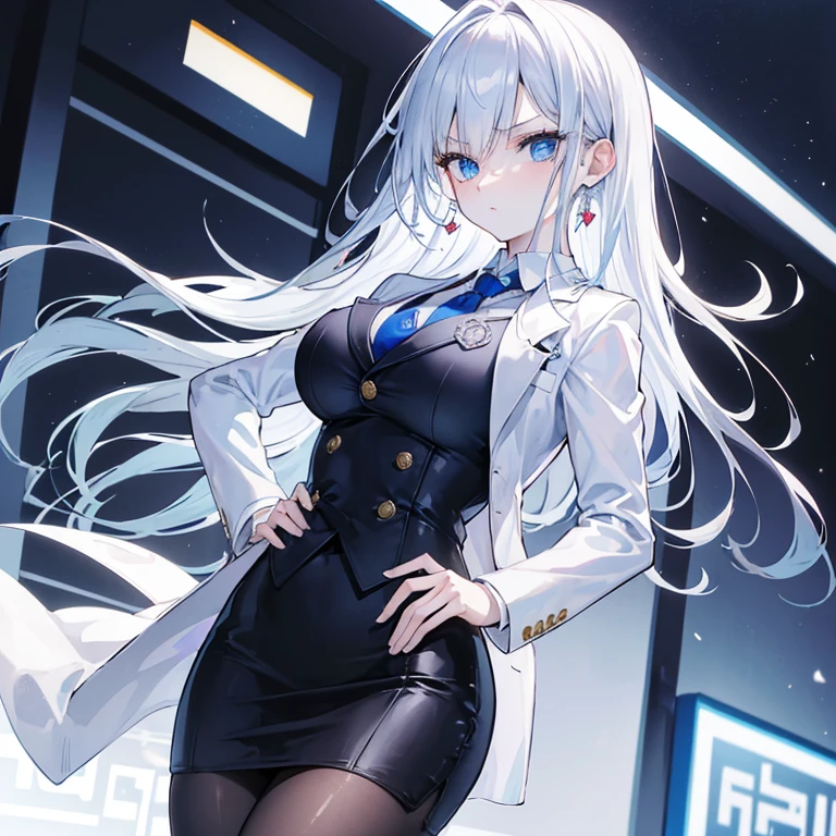 (masterpiece, best quality:1.2), l looking at viewer, hand on hip, skirt suit, (((three-piece suit))), necktie, blazer, (((suit jacket))), (((waistcoat))), double-breasted waistcoat, bodycon miniskirt, pencil skirt, tie clip, pocket square, pocket watch, pantyhose, high heels, earrings, Beautiful girl, body(tall, big bust, white skin, slim waist), eyes(blue), hair(long, white, straight), angry eyes, fancy professional suit