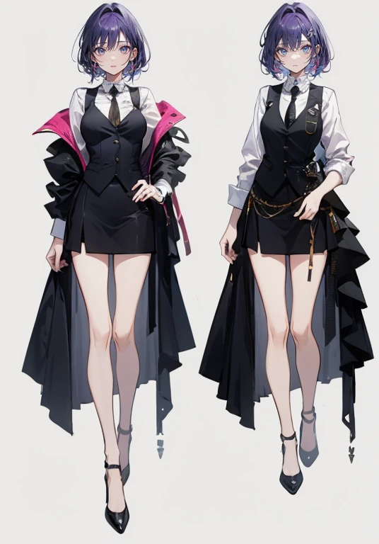 ((Perfect Face)),Purple Hair,Shortcuts,1 female,bartender,,Black vest,tie,High heels,,((Simple light color background)),((smile)),((Full Body)),((full body)),upright,
