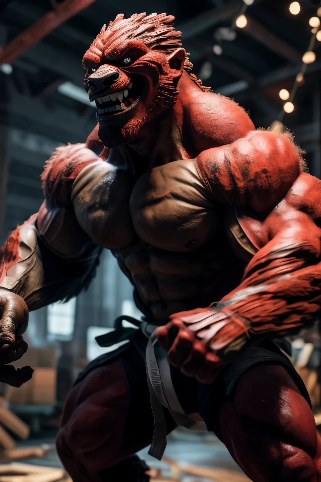 A red karate Groot with a broken hand, portrayed in the distinctive facial features style, presents a cut and ripped physique. With a prominent bulbous head, large expressive eyes, and a grin that exudes determination despite the injury, this muscular interpretation of the beloved tree-being showcases intricate details and high-quality craftsmanship. The vibrant red hue adds a bold and dynamic element to the scene, while the contrasting textures of the ripped foliage and exposed wood fibers accentuate the depth and realism of the image. This masterpiece, full of expressive detail and captivating character, is sure to leave an enduring impression. (by ArtisticApe
