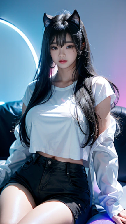 Girl、sky、the hotel、black long straight hair、Glowing neon lights、Video game room、Sitting on a gaming chair、Girl子玩游戏、Illuminated keyboard、Glowing cat ears、(((UV lamps、A white shirt glowing under the black light)))、plump big breasts、Big split、Satin fabric hot pants